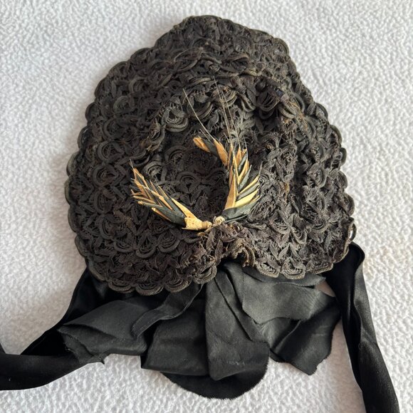 Antique Victorian Black Woven Ribbon Bonnet with Wheat Accents main image 5